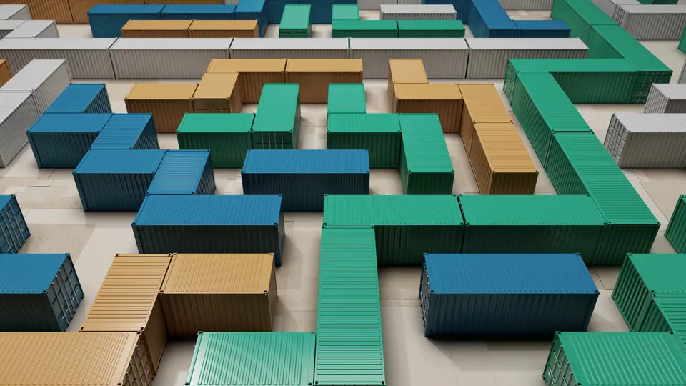 Aerial perspective of colorful shipping containers arranged in a maze-like geometric pattern at an industrial storage yard, conveying logistics, order…