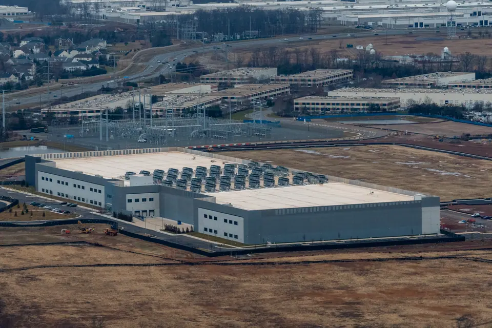 Dulles, Virginia, USA - January 2, 2024 - Aerial view of hyperscale data center facility in the Dulles Technology Corridor of Loudoun County, Virginia,…