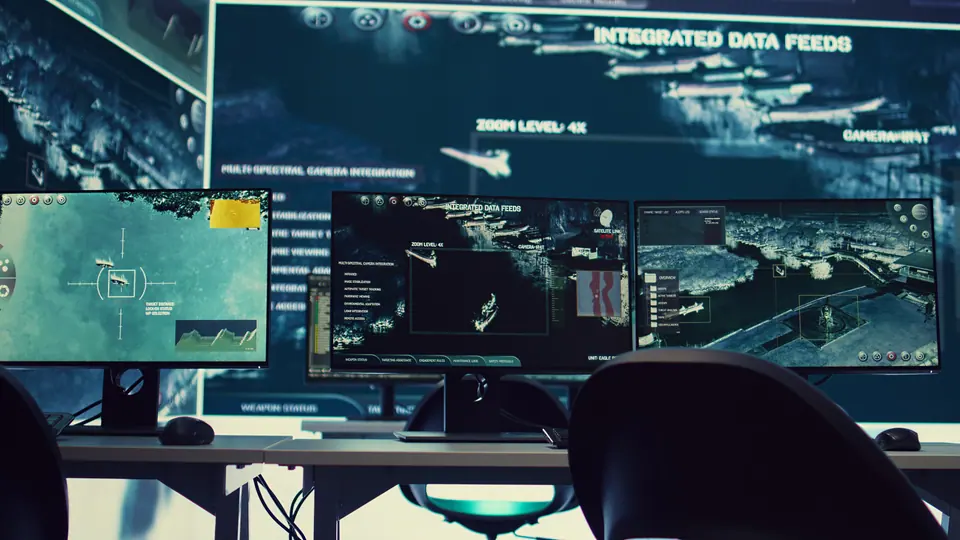 Federal agency command center equipped with surveillance and satellite system overseeing threats or danger on a world map