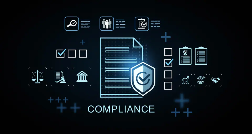 Glowing digital compliance document with shield icon, checklist symbols, law and business icons in creative style on dark blur background