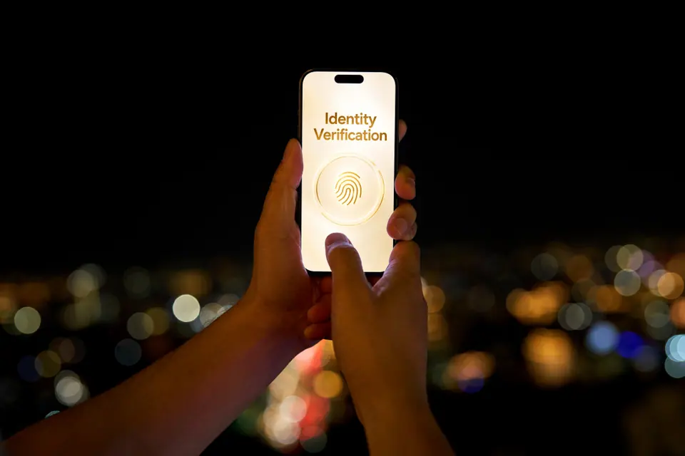 Hand holds smartphone showing fingerprint identity verification on glowing screen, symbolizing biometric authentication, mobile cybersecurity and…