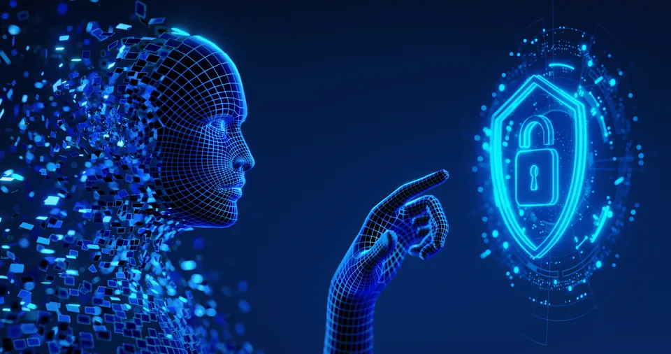 Human Digital Avatar as a Symbol of AI presses a virtual button on screen with Shield icon