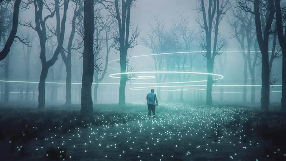 Man walking in fantasy forest