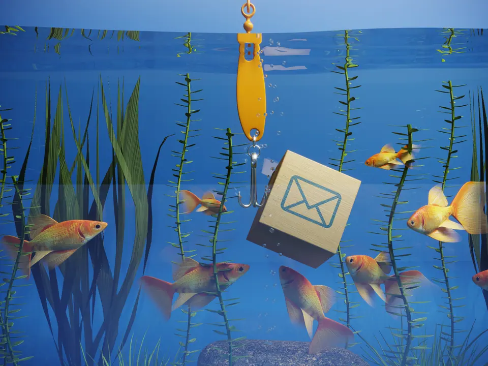 Phishing with fishing rod by mail from aquarium, cyber security concept