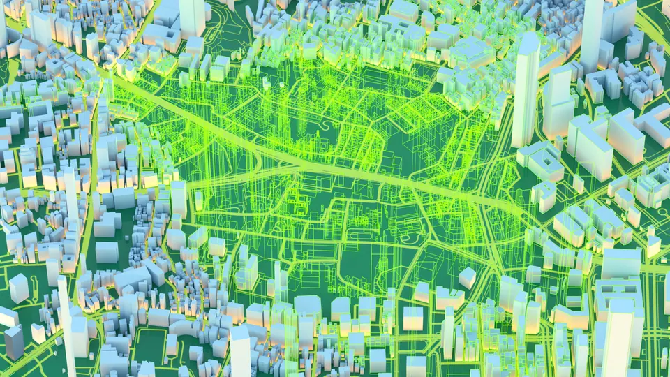 Three-dimensional plan for a city with visualization of energy optimization, 3D render