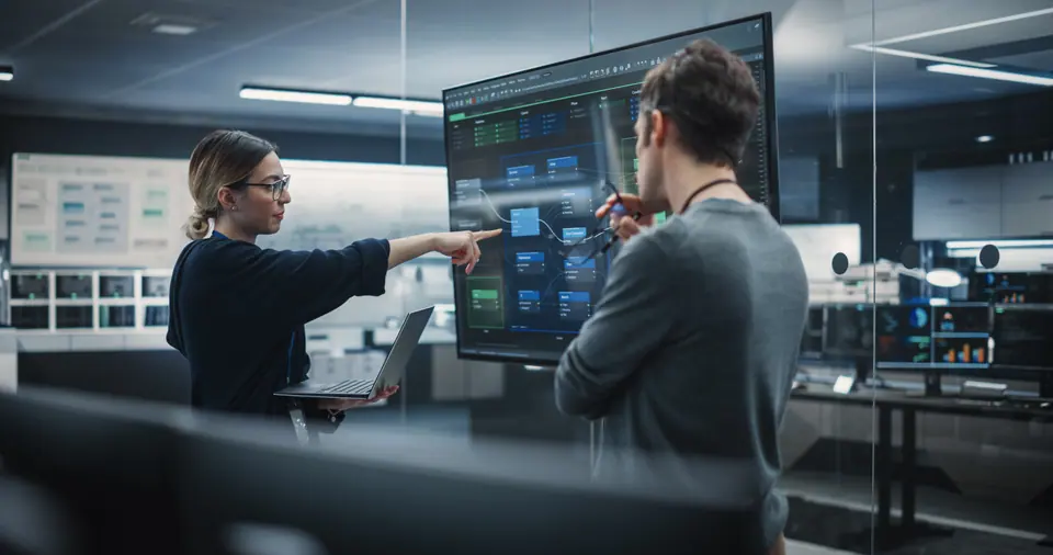 Two diverse software developers having a meeting in a conference room