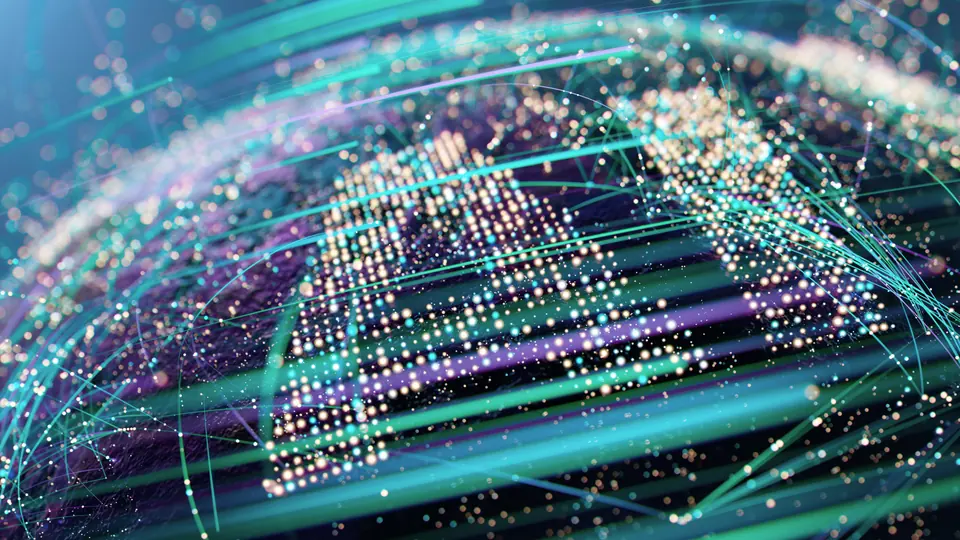 A vibrant globe is lit with neon data lines and glowing points, illustrating global connectivity, networks, and digital communication across continents